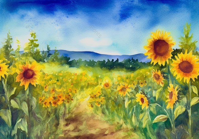 印象主义夏日花田小路黄色向日葵盛开水彩全景背景,插画/手绘图,插画/手绘图库,插画/手绘图下载,插画/手绘